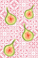 Pink Mediterranean tile pattern with fresh figs. Italian summer seamless design for summer textiles, kitchen towels, wallpaper, tablecloths and packaging design.