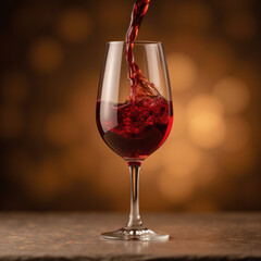Naklejka premium glass filled with red wine is elegantly poured, creating captivating splash against warm, blurred background