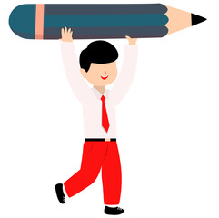 Happy Boy Student Lifting Giant Pencil, Education Concept Illustration
