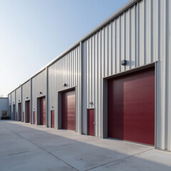 Fototapeta premium Modern industrial building metal structure red doors storage facility exterior view clear sky urban setting commercial space