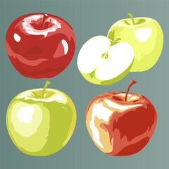 Ripe green and red apples. Set with drawn apples. Vector illustration