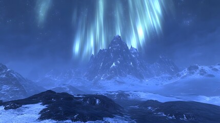 Frozen mountain range illuminated by celestial beams.