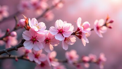 Obraz premium Delicate pink sakura blossoms, intricate branch pattern, floral, springtime, art