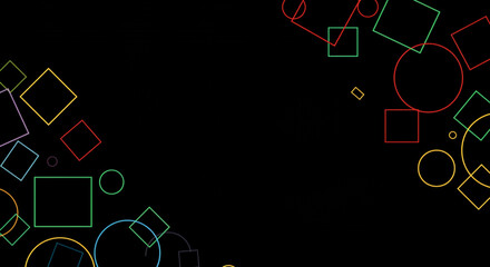 Abstract geometric design featuring colorful circles and squares on a black background space
