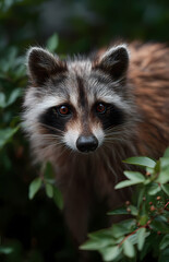 Close-Up Portrait of a Raccoon Partially Concealed by Lush Leaves, Showing Alert Eyes and Fur Details, Evoking the Mystery and Natural Beauty of this Common Yet Elusive Mammal in its Habitat