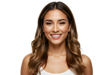Smiling Hispanic Woman with Long Hair and Hoop Earrings in Front of a Black Background, Exuding Joy and Confidence