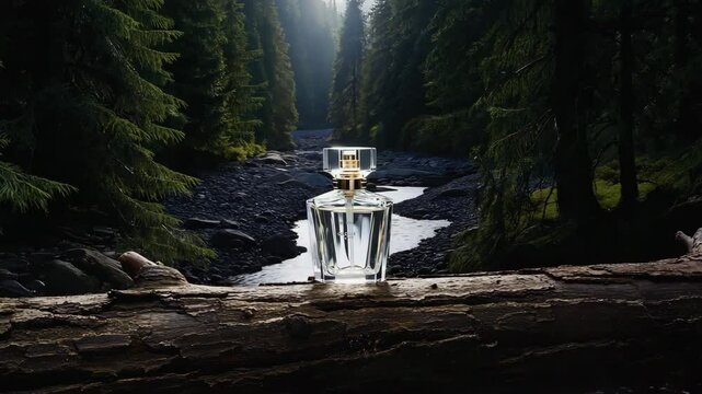 Close up aroma colone in  crystal glass on the wood in the middle of forest landscape , 4K video.