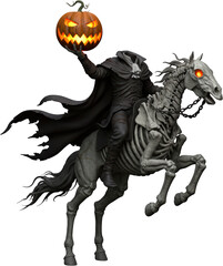 Fototapeta premium Headless Horseman Halloween 3D Render Spooky Skeleton Horse Rider with Jack o lantern