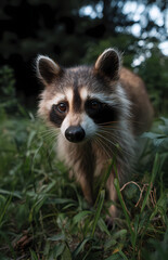 Obraz premium Close-Up Portrait of a Raccoon Partially Concealed by Lush Leaves, Showing Alert Eyes and Fur Details, Evoking the Mystery and Natural Beauty of this Common Yet Elusive Mammal in its Habitat