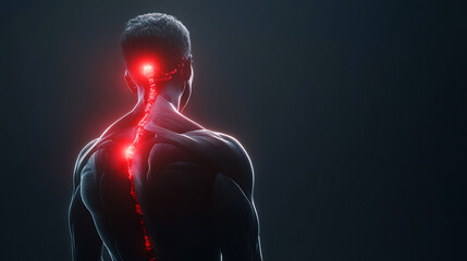 Painful spinal column. Red highlights show areas of injury or inflammation in the neck and upper back