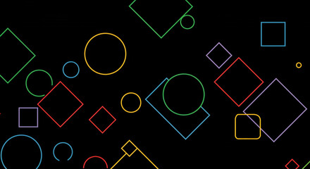 Colorful outlines of squares and circles scattered randomly on a black background creating an abstract design