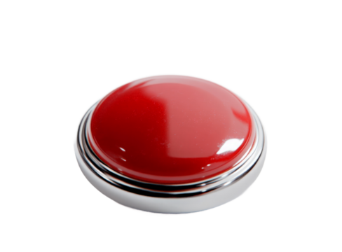 A glossy red button with a chrome base prominently displayed against a white background, symbolizing urgency or action, suitable for use in technology or gaming contexts