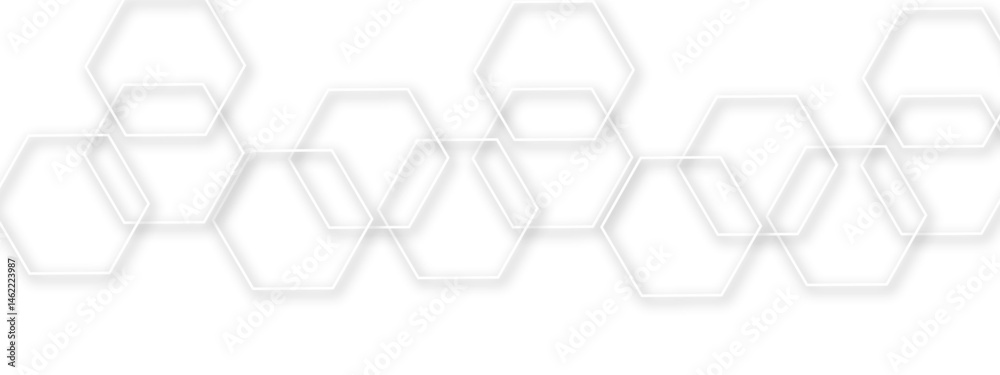 Poster light gray or white out line hexagon 3d effect pattern with shadow seamless texture background. use 