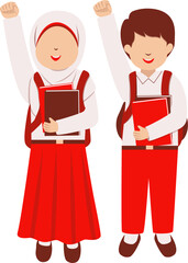 Happy Elementary School Student celebrating success with books and backpacks