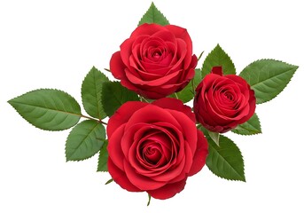 Naklejka premium A beautiful display of three vibrant red roses with lush green leaves on a white background view from above