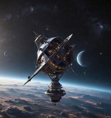 Naklejka premium Futuristic satellite with large antenna amidst stars , solar system, connection, modern
