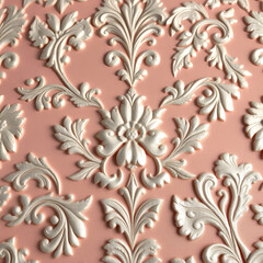 Rococo floral wallpaper with delicate pastel pink and silver tones bac