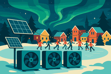 Fototapeta premium Flat winter‑green scene with PV roof, skaters, and aurora arcs
