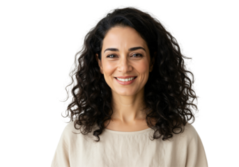A Smiling Middle-Eastern Woman in Her 30s with Curly Hair and a Natural Look Against a Dark Background, Exuding Confidence and Warmth