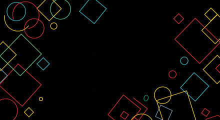 A geometric pattern with circles and squares on a black background with multiple colors shown