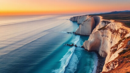 Aerial view of Sarakiniko Beach cliffs at sunset with turquoise waters