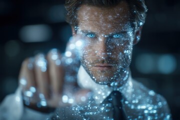 A businessman in a suit engages with a holographic interface, showcasing vibrant digital data projections. His focused expression highlights the advanced technology within a modern office environment.