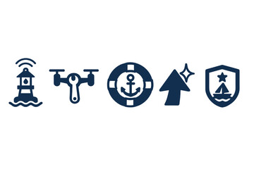 Buoy‑tech icons showing lamp, wrench, ring, spark, badge, bar