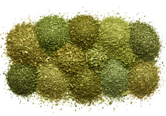 Aromatic herbs and spices in various shades of green, creating a vibrant and flavorful image.