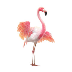 Fototapeta premium A beautiful flamingo stands gracefully with its wings partially spread on a clean white background scene.