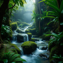 Misty morning waterfall flows through a jungle with ferns and orchids