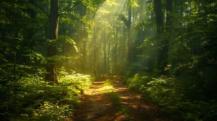 Obraz premium Tranquil path winding through a lush green forest, illuminated by golden sunbeams filtering through the trees. Peaceful, serene natural landscape scene. 