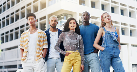 Obraz premium Fashion, portrait and student friends in city together for education, learning or scholarship. Attitude, college or university with happy men and women outdoor on campus for development or growth