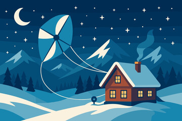 Fototapeta premium The scene features a flat mountainous landscape with a tethered kite, a lit refuge, and a star-filled sky
