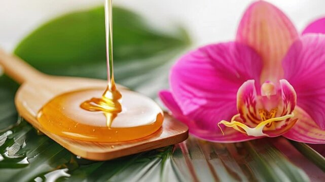 waxy honey for hair removal drips on wooden sticks on background of palm leaves and an pink orchid flower. Depilation and beauty concept, spa salon