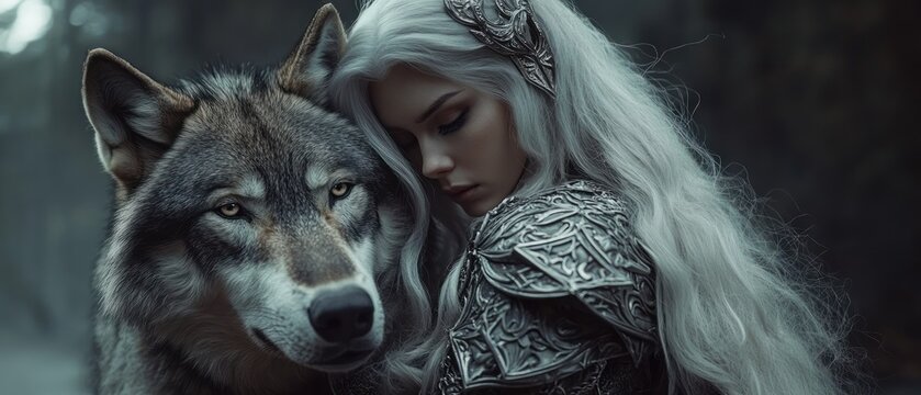 Enigmatic woman in armor embraces a wolf in forest