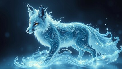 Magischer Fuchs mit leuchtend blauem Fell und glitzernden Wasserpartikeln in einer verträumten, mystischen Atmosphäre.