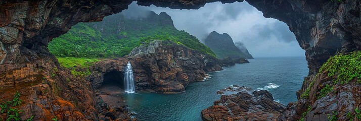 Lush, dramatic coastal scenery with waterfall