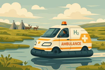 The scene depicted a flat area with emergency mobility features, including hover fans, tents shaped like reindeer, and small blue dots resembling ponds