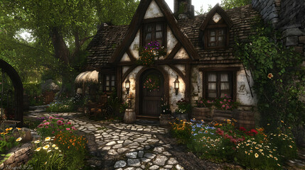 Charming Stone Cottage With Colorful Garden In Sunlight