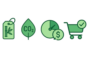 Obraz premium Icons of eco-finance are represented by tags, leaves, dials, coins, and badges