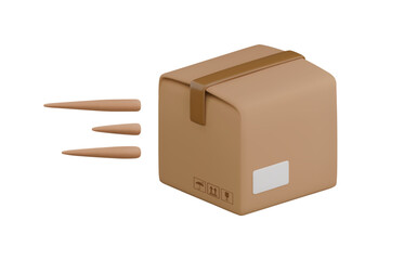Vector cartoon 3d fast cargo delivery concept. Realistic 3d render of closed carton box with speed lines icon. Express parcel delivery service concept, quick logistic, mail shipping.