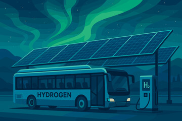 The scene depicts a flat and clean transit area featuring H₂ buses, green lights, and an icy parking lot