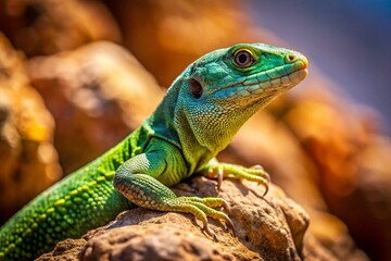 Fototapeta premium Lizard Basking on Rock - Reptile Sunbathing on Stone - Desert Wildlife Stock Photo