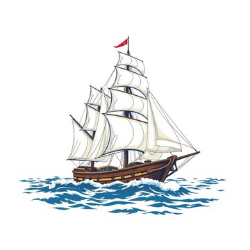 Traditionelles Segelschiff mit wei&szlig;en Segeln f&auml;hrt durch die Wellen auf offenem Meer, stilisierte Darstellung auf wei&szlig;em Hintergrund.
