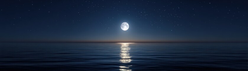 A bright full moon reflects on calm ocean waters under a starry night sky, creating a peaceful and serene scene.
