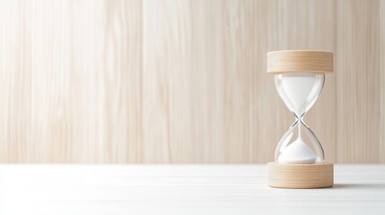 Hourglass on table Minimalist style High-resolution bright lighting Centered close-up view Wooden base Time passing concept Wooden background Neutral warm tones Perfect for websites