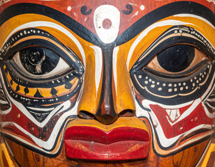 Naklejka premium The intricate patterns on a painted wooden mask used in indigenous Ecuadorian rituals.
