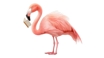 Fototapeta premium A beautifully detailed flamingo holds open a small book while standing against a simple white background.
