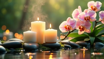 Zen Spa Scene with Glowing Candles, Orchids, Mossy Stones, and Water Reflection