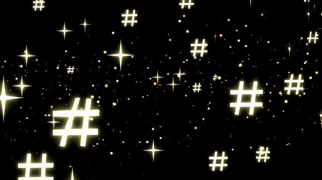 Glittering hashtags and stars on black background. Perfect for social media, marketing, or celebratory designs.